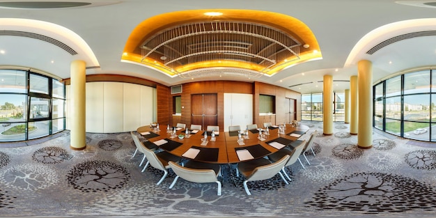 MINSK BELARUS JULY 2017 full seamless hdri spherical panorama 360 degrees angle view in interior of luxury empty conference hall for business meetings in equirectangular projection VR content