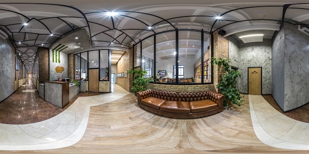 MINSK BELARUS JULY 2020 full seamless spherical hdri panorama 360 degrees angle view in interior of stylish reception in a modern office in equirectangular projection VR content