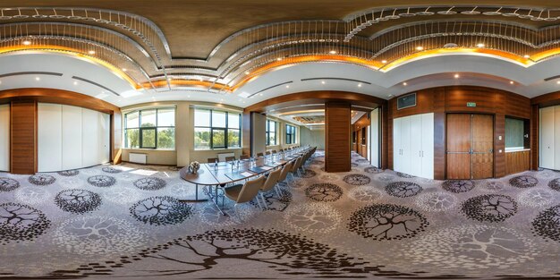 Minsk belarus july 27 2017 360 panorama view in interior of\
luxury empty conference hall for business meetings full 360 degrees\
angle panorama in equirectangular projection skybox vr content