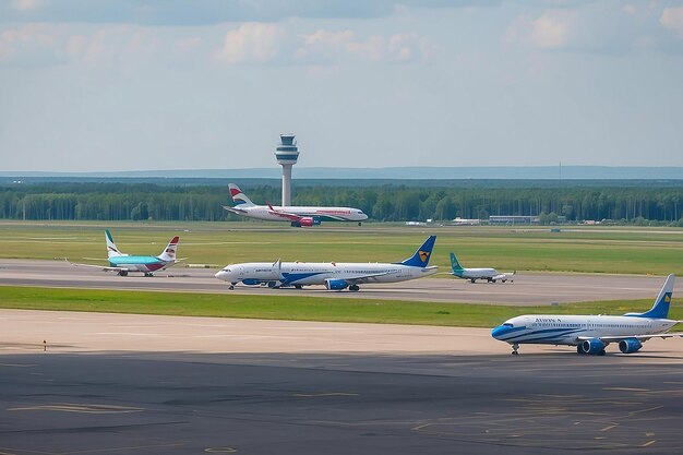 Foto minsk bielorussia 16 giugno 2021 aeroporto internazionale di minsk la vista dalla finestra si è ridotta alla pista e agli aerei trasporto internazionale di passeggeri