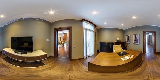 MINSK BELARUS MARCH 2017 Full spherical 360 degrees angle view seamless panorama interior in working room of vip guest loft apartment of hotel in equirectangular projection panorama VR content