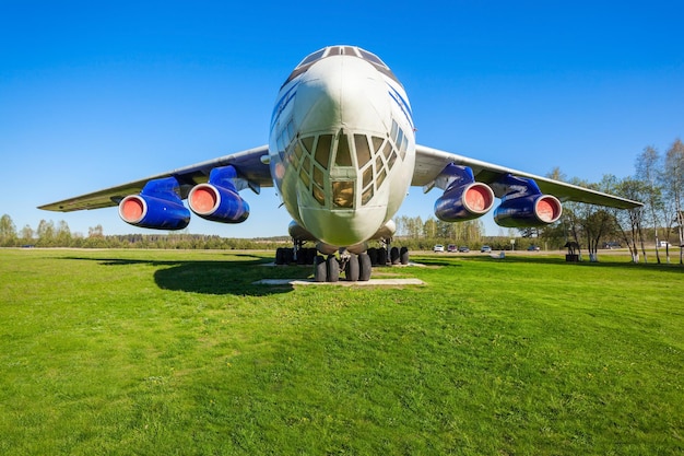 MINSK, BELARUS - MAY 05, 2016: The Ilyushin Il-76 aircraft in the open air museum of old civil aviation near Minsk airport. Il-76 is a strategic airlifter designed by the Ilyushin design bureau.