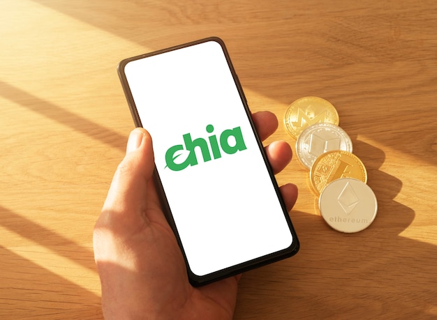 MINSK BELARUS - MAY 18, 2021: Chia coin word on mobile phone screen with app for crypto investing with other cryptocurrency on wooden table.