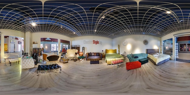 Minsk belarus may 2018 full spherical seamless panorama 360\
degrees in interior of shop with elite furniture showroom store in\
chester style in equirectangular projection vr content