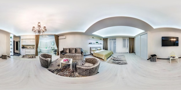 Minsk belarus may 2018 spherical seamless hdri panorama 360\
degrees angle view inside interior of master bedroom with kitchen\
and bathroom in hotel in equirectangular projection vr ar\
content