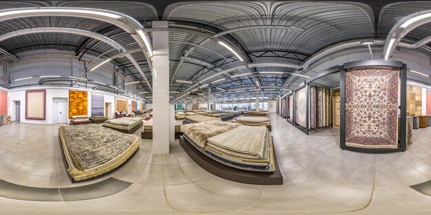 Minsk belarus may 2019 full seamless hdri panorama 360 degrees\
angle view inside interior of store machine knitted handmade\
carpets in equirectangular spherical projection for vr ar\
content