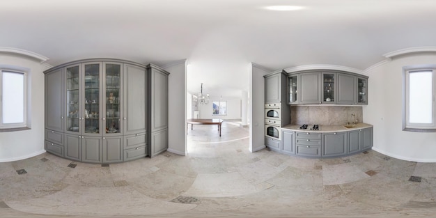 MINSK BELARUS May 2019 full seamless spherical hdri panorama 360 degres angle view in empty modern kitchen in gray style color in equirectangular projection ready for AR VR content