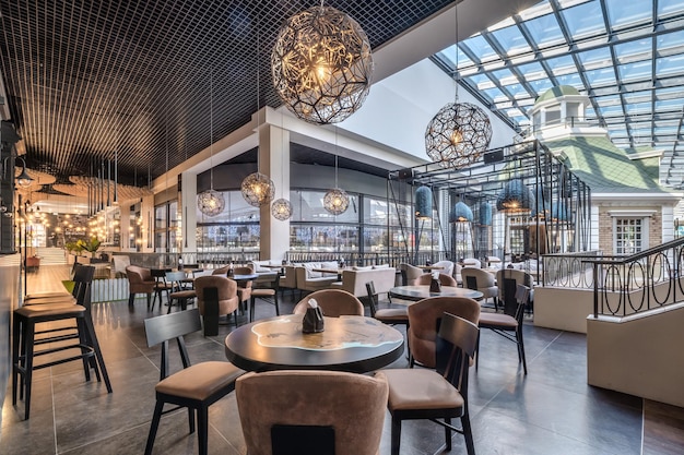 MINSK BELARUS MAY 2020 banquet hall with table and appliances in elite luxury restaurant