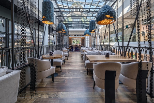 MINSK BELARUS MAY 2020 banquet hall with table and appliances in elite luxury restaurant