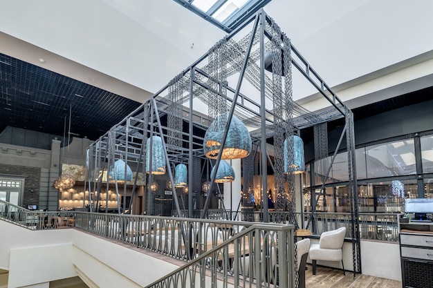 MINSK BELARUS MAY 2020 banquet hall with table and appliances in elite luxury restaurant