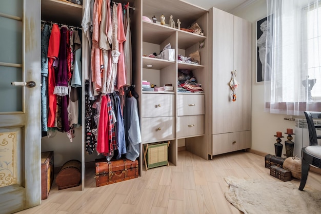 MINSK BELARUS MAY 2021 interior of big wardrobe room in modern apartment