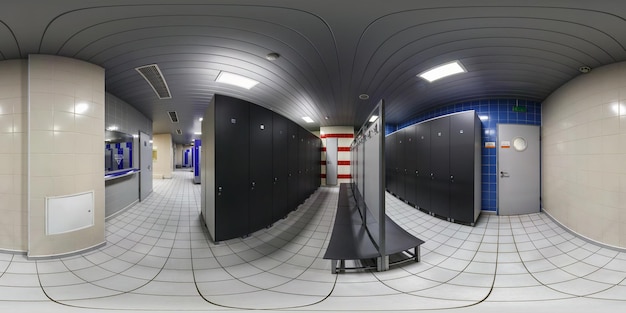 MINSK BELARUS SEPTEMBER 2017 full seamless panorama 360 degrees angle view in modern locker room wardrobe in elite sport complex in equirectangular spherical projection skybox vr ar content