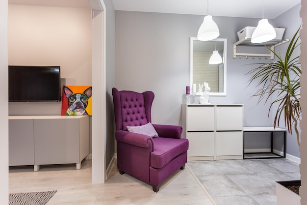 MINSK 벨로루시 2019년 9월 큰 보라색 체스터 의자가 있는 비싼 아파트 복도의 현대적인 현관에 있는 문