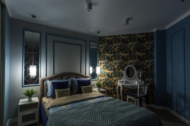 민스크 벨로루시 2019년 9월 스튜디오 아파트에 벽난로가 있는 현대적인 고급스러운 친밀한 침실의 인테리어