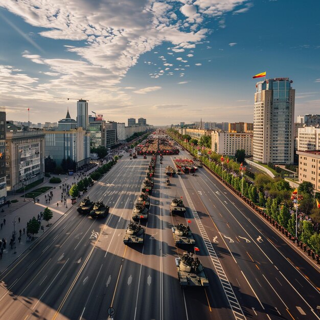 Minsk Stadsbeeld Victory Day Parade Straat Verkeer Hoge gebouwen Skyline