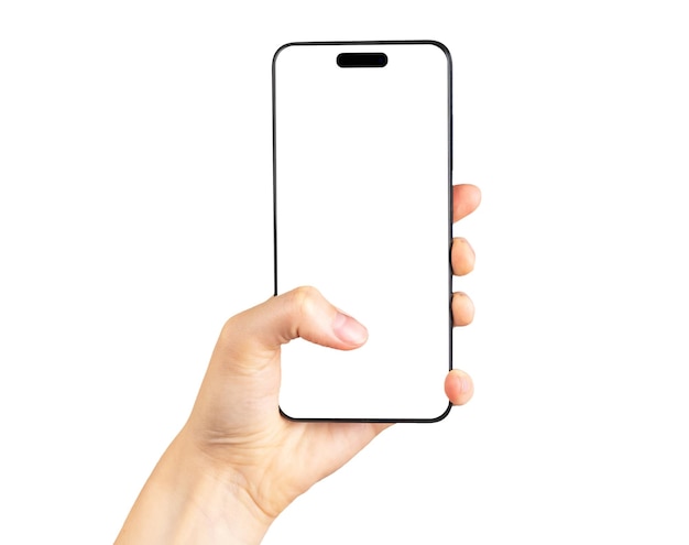 MINSK WIT-RUSLAND 14 NOVEMBER 2022 Iphone scherm mockup met duim tikken klikken op lege smartphone weergave van iphon 14 pro geïsoleerd op witte achtergrond Moderne smartphone mock up