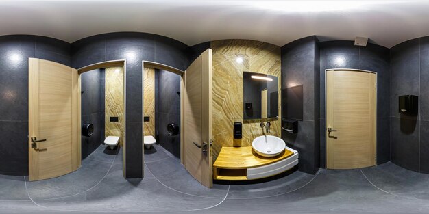 MINSK WIT RUSLAND JANUARI 2019 volledig naadloos bolvormig panorama 360 graden kijkhoek in interieur stijlvol badkamer toilet in modern openbaar damestoilet in equirectangular projectie