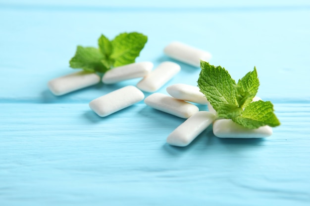 Mint chewing gum and mint on the table fresh breath oral care