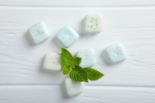 Mint chewing gum and mint on the table fresh breath oral care