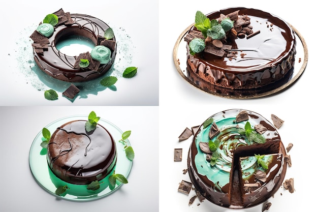 Photo mint chocolate cake collage round glazed dessert delicious shining truffle torte cocoa cakes on white background abstract generative ai illustration