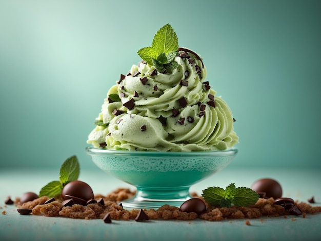 Photo mint chocolate chip gelato floating delicious refreshing ice cream dessert cinematic advertising