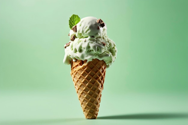 A mint chocolate chip ice cream cone on a mint background