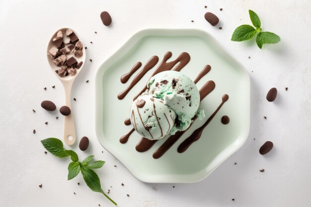 Mint chocolate chip ice cream on plate white background generative ai