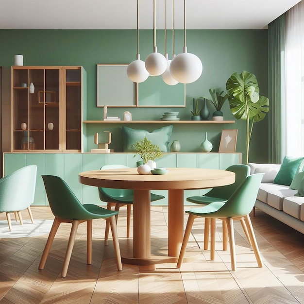 Mint color chairs at round wooden dining table in room with sofa and cabinet near green wall Ai