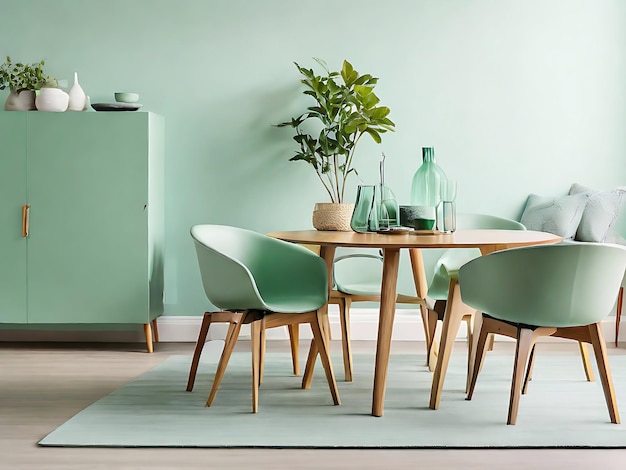 Mint color chairs at round wooden dining table in room with sofa and cabinet near green wall