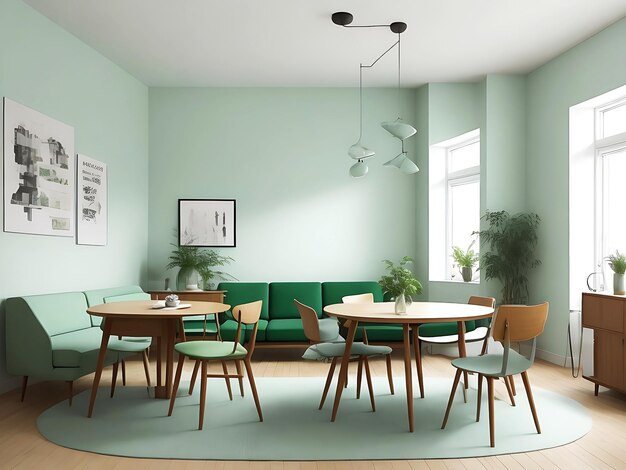 Photo mint color chairs at round wooden dining table in room with sofa and cabinet near green wall