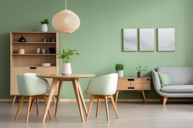 Mint color chairs at round wooden dining table in room