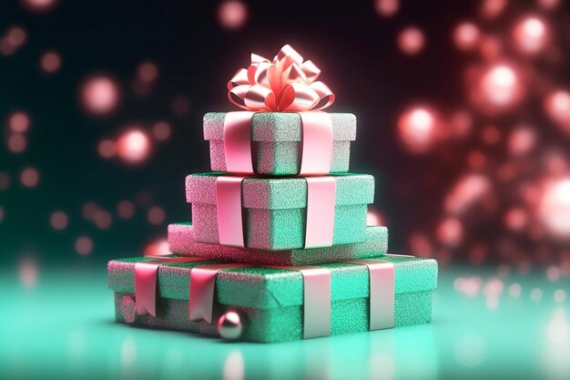 Mint gift boxes with pink bows on the background of bokeh effect generative ai