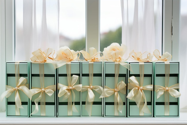 Mint gift boxes with white bow on background of the window boxing day sale Generative AI