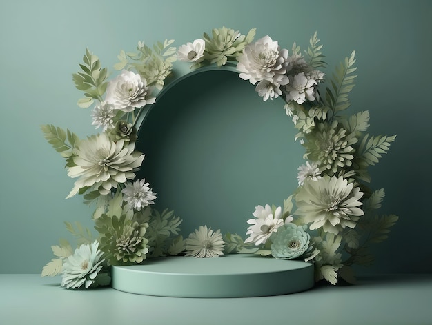 mint green floral background Round frame with paper flowers botanical arch