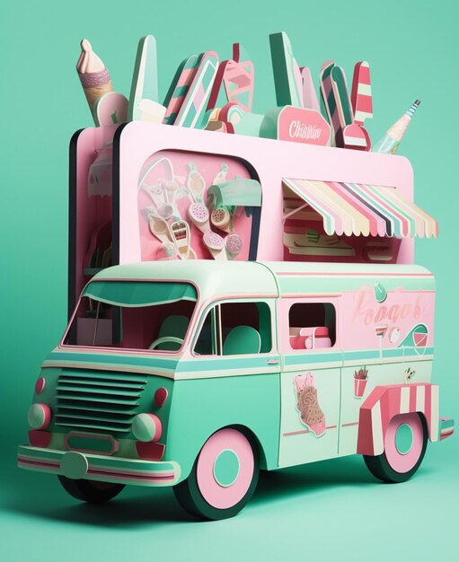 A mint green ice cream truck with a pink van in front of it.