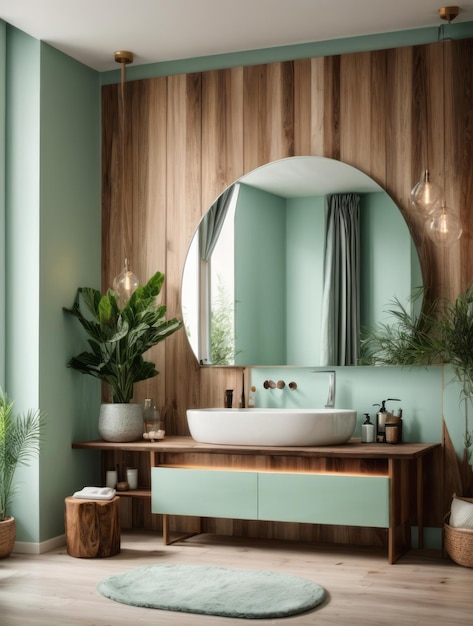 Mint green interior design bathroom modern silver mirror wall