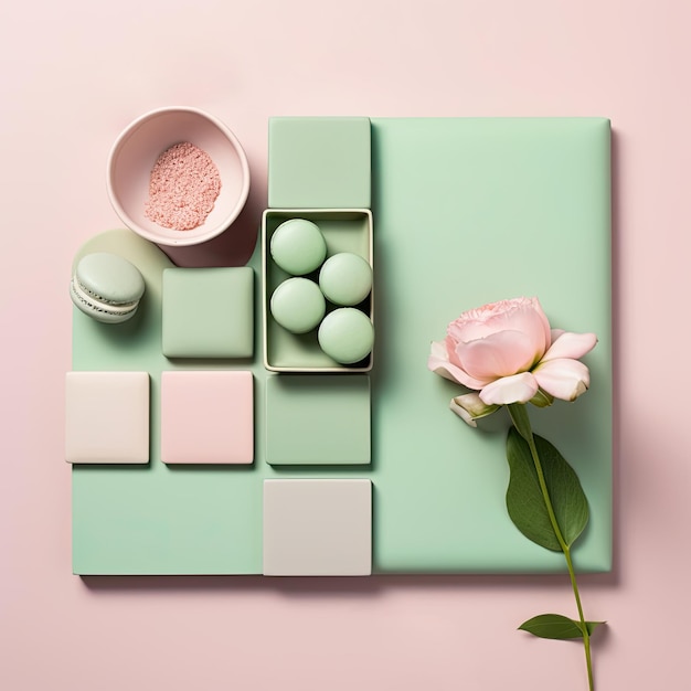 Foto amaretti verde menta con fiore di peonia rosa mood board piatto lay generativo ai