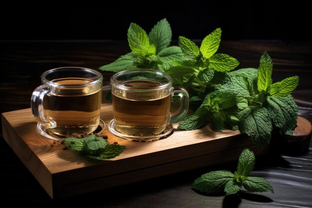 Photo mint leaf tea on wooden palette composition