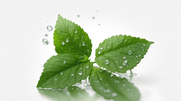 mint leaf with waterdrops on white background