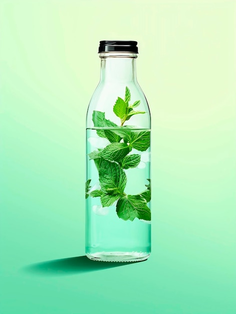 Photo mint leaves in a bottle on a green background conceptual image