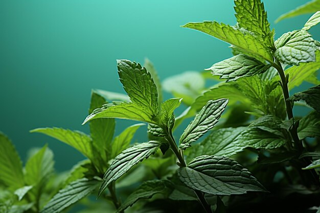 Mint leaves in the foreground set against a soothing pale green background