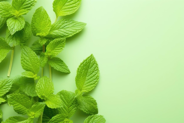 Mint leaves on a green background Copy space flatly Generative AI