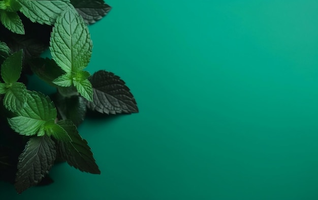 Mint leaves on a green background