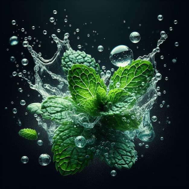 mint leaves splash with water