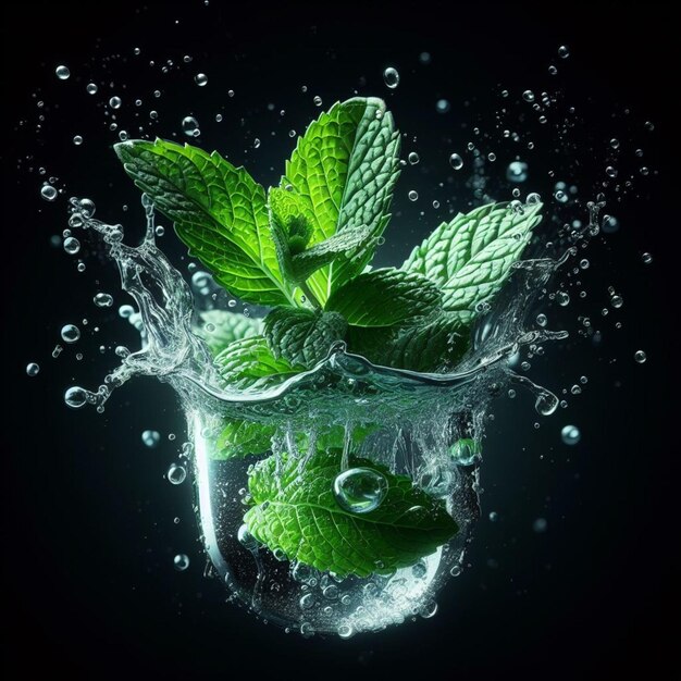 mint leaves splash with water