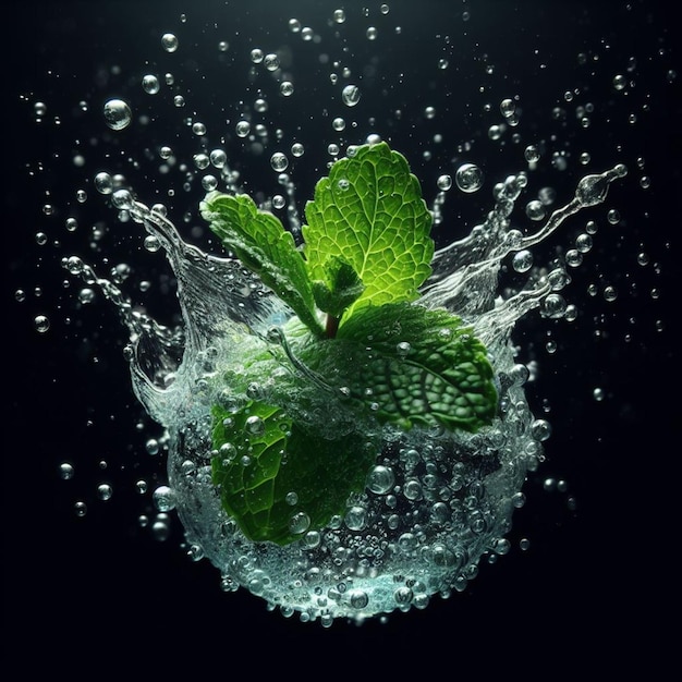 mint leaves splash with water