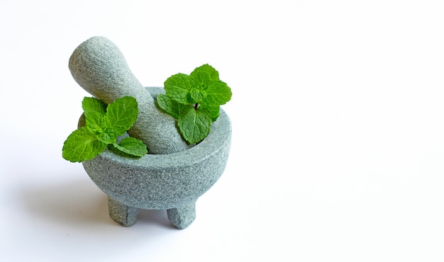 Mint leaves in stone mortar and pestle on white background.