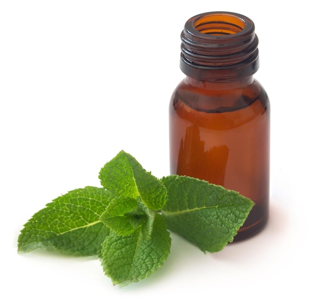 Mint leaves with essential oil in a bottle over white background