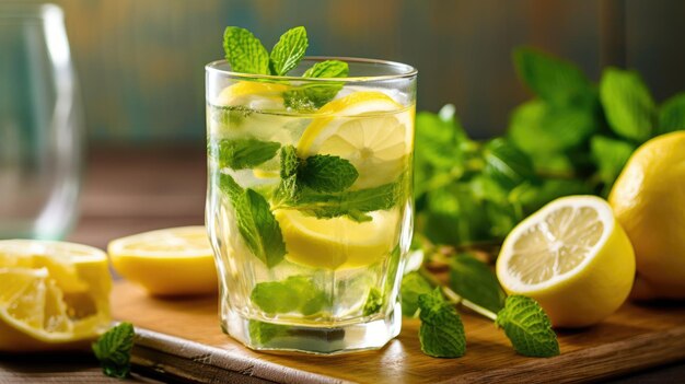 Mint and lemon flavor a mojito cocktail A refreshing glass of sweetandsour lemonade topped with fres...