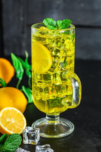 Mint lemonade with ice in a glass